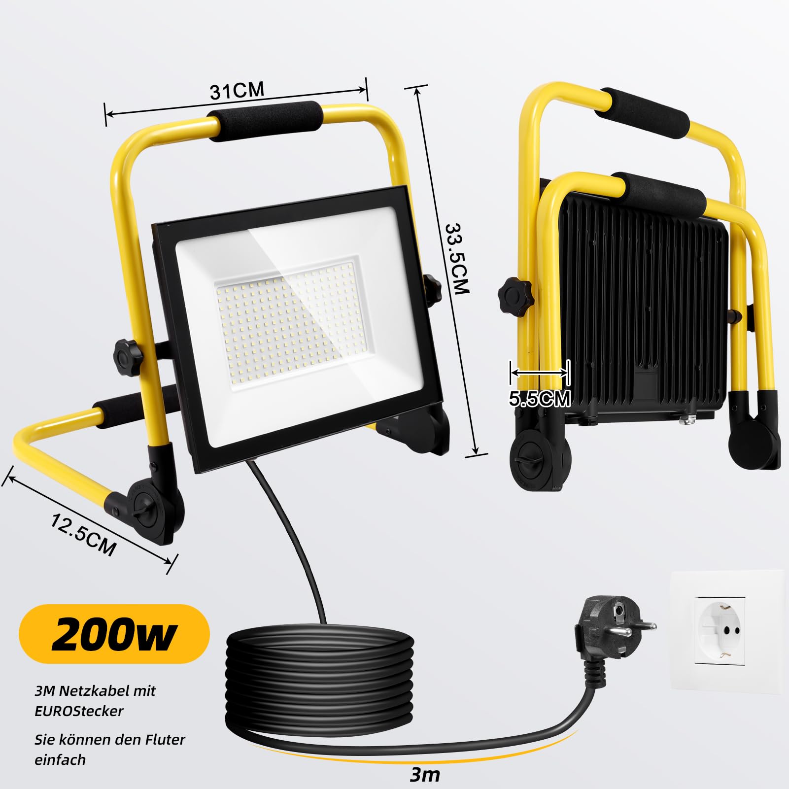 Faretto LED da Cantiere 200W,20000LM 6500K Bianco freddo Faro LED Portatile,Lampada da Lavoro con Spina,IP65 Impermeabile Faretti LED per Edilizia Officina Campeggio Garagefaro led esterno