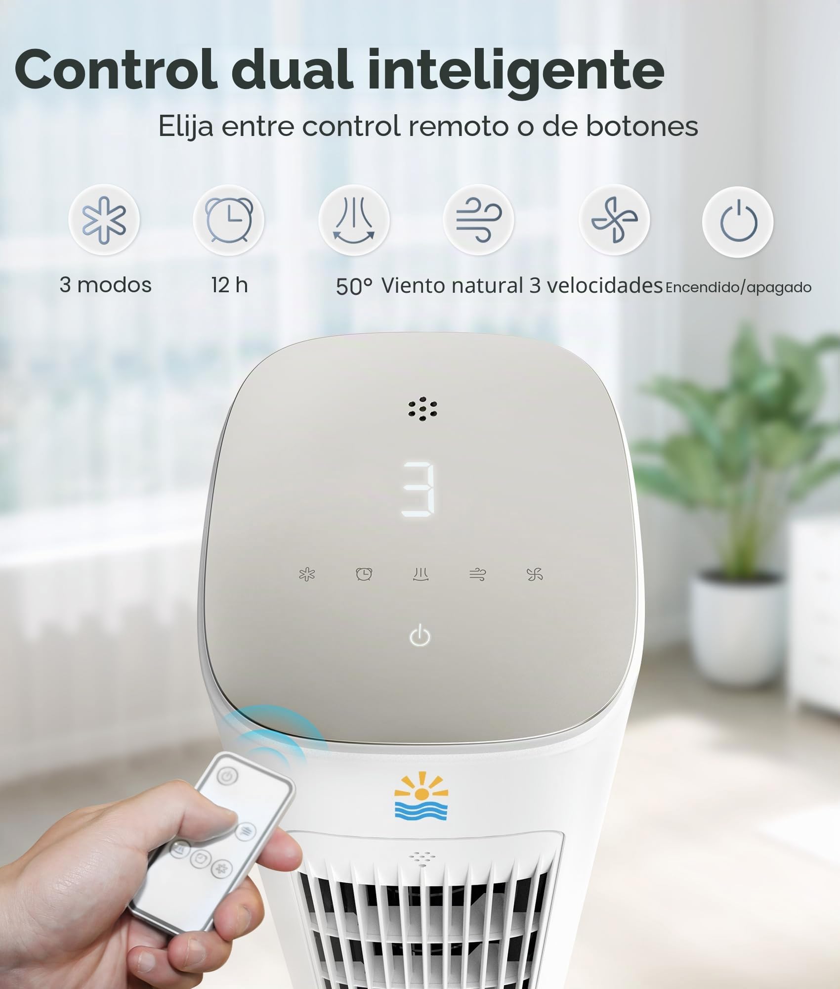 Enfriador de aire evaporativo portátil, ventiladores de enfriamiento 3 en 1 que soplan aire frío con tanque de agua de 3 l, ventilador de torre de 38 pulgadas para dormitorio