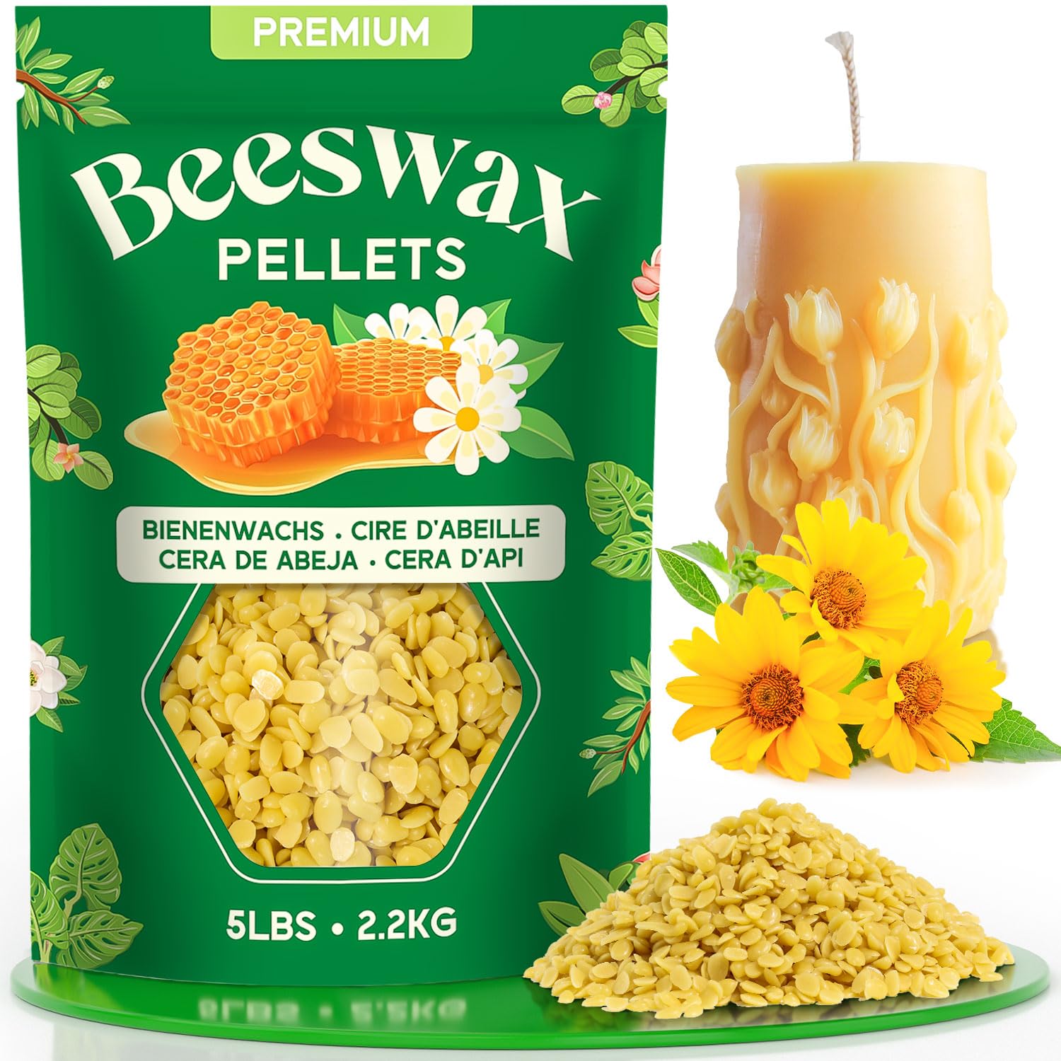 NORVENCE Bienenwachs Bio für Kosmetik, Gelbes Bienenwachs Pastillen 2,2kg, Kerzenwachs für die Kerzenherstellung, Reines und natürliches Bienenwachs für Hautpflege, Lippenbalsam, Polieren und Lotion