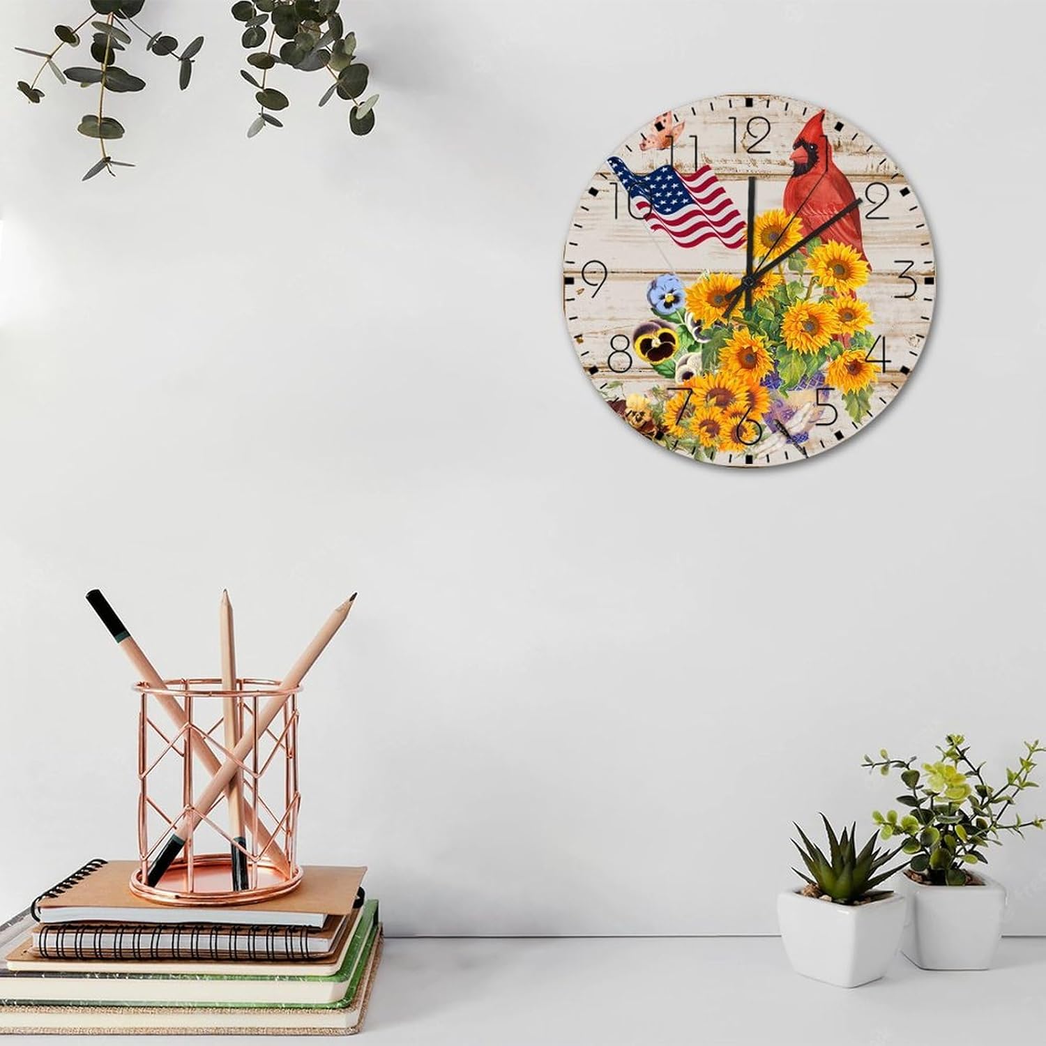 Wood Wall Clocks Battery Operated Non Ticking 4th of July Patriotic Sunflower Cardinal Custom Wall Clocks Fourth of July Party Supplies Home Decor for Restroom Patio Porch 10 Inch