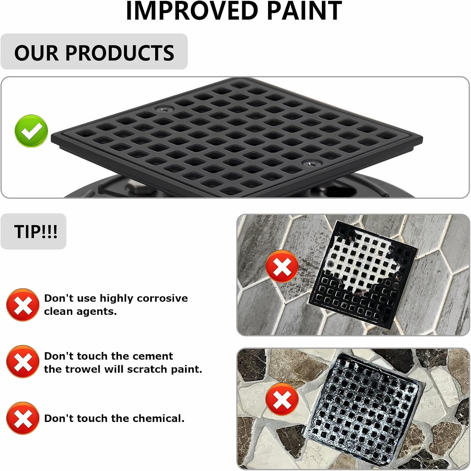 Matte Black Square Shower Drain 3.6 Inch with Hair Carcher and ABS Flange - Fit 2" or 3" Waste Pipe (ABS) - 304 Stainless Steel Shower Floor Drain Kit&CUPC