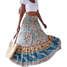 Mini Skirt Women's Boho Floral Print High Waist Elastic Long Flowy Tiered Beach Vacation Casual Summer A Line