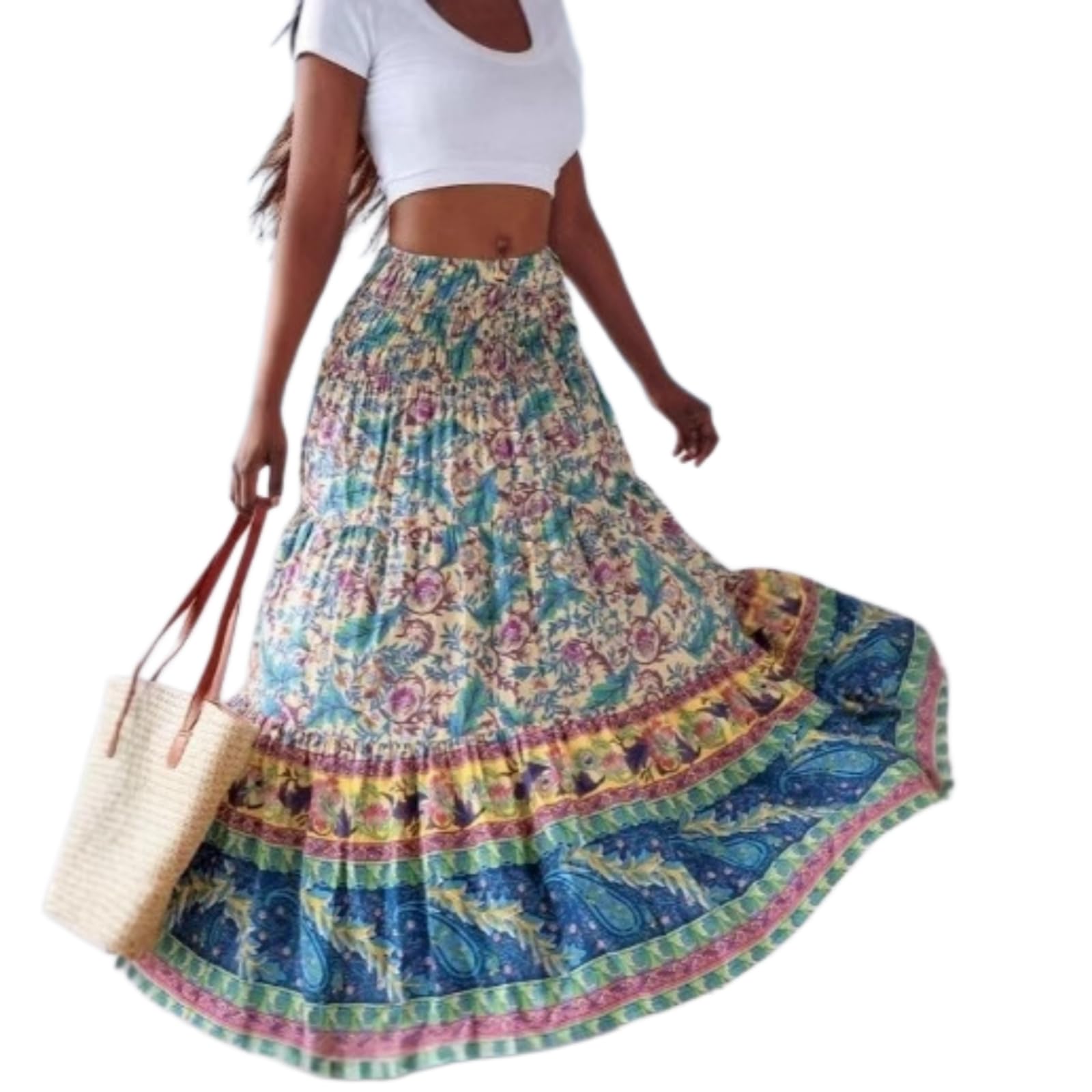 Jupe longue bohème à imprimé floral bleu pour femme taille haute élastique S