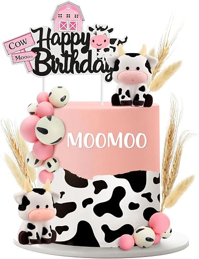 Pinkunn Cow Cake Topper Farm Cake Decorations with Miniature Cow Figurines Wheats for Farmhouse Theme Baby Shower Birthday Party Supplies(23 Pcs,Lovely Style)