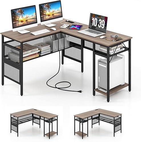Tangkula Escritorio reversible para computadora en forma de L con estación de carga y estantes, escritorio de esquina grande para juegos con estante