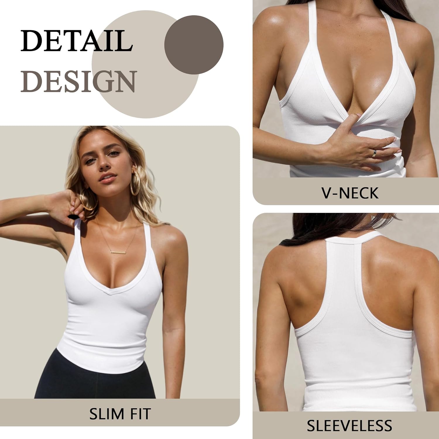 MUYDZ 2-Pack Sleeveless Tank Tops for Women V-Neck Ribbed Tank Tops 2025 Workout Tops for Women Camisole Basic - Image 3