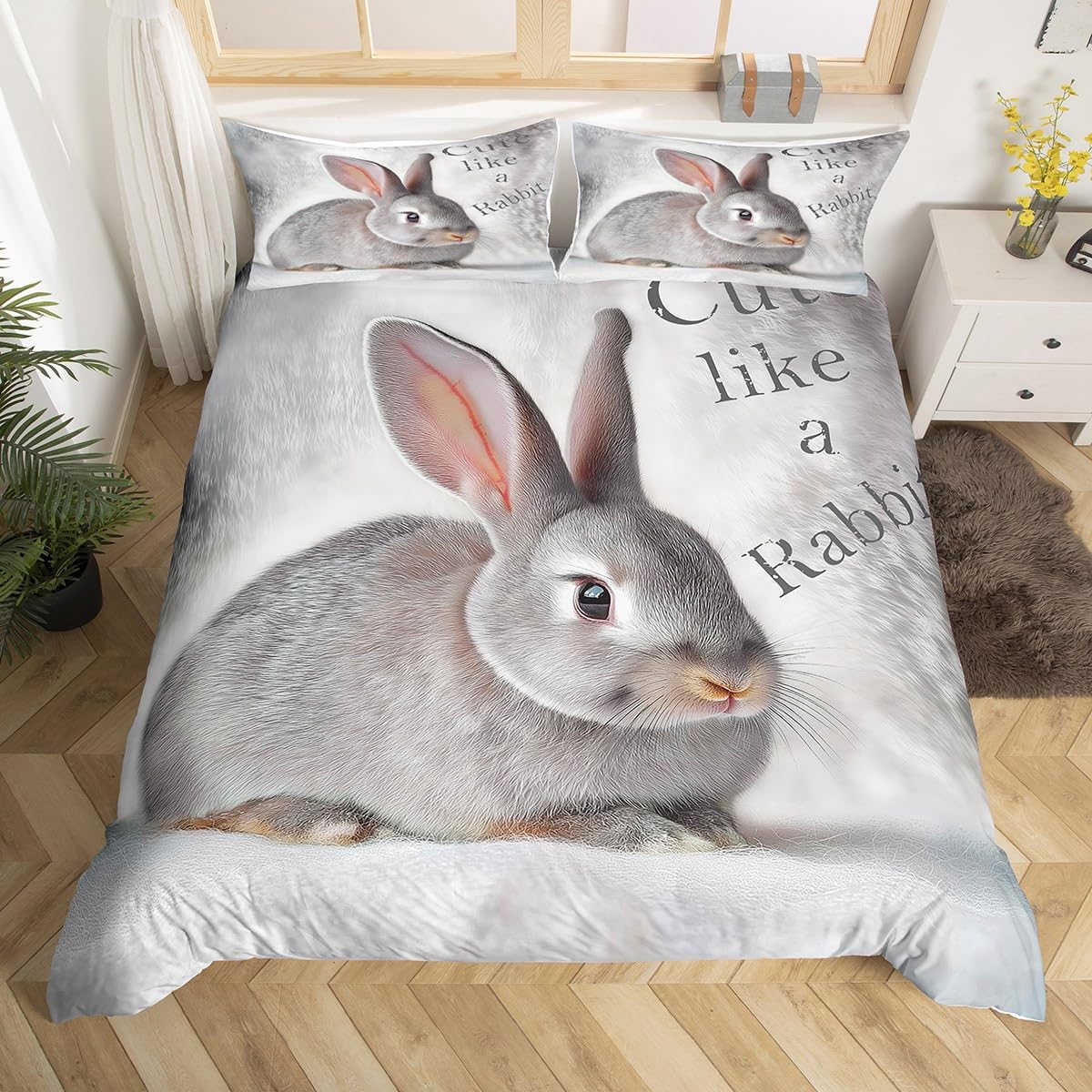 Loussiesd Rabbit Bedding 3D Animal Printed Duvet Cover Extra Large Bed Children'S Bedroom Decoration Rabbit Bedding Set Cute Girl Rabbit Bedding Easter Decoration Grey White โ image 1