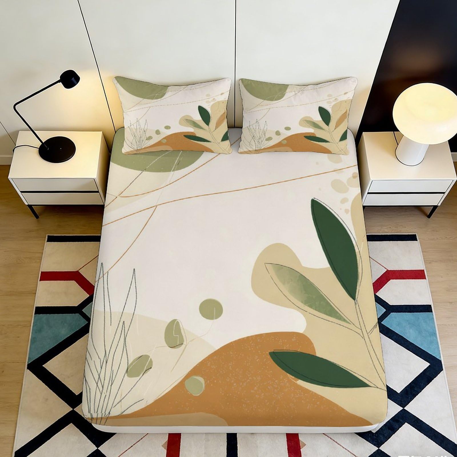 3D Printed Abstract Botanical Fitted Sheet Microfiber Soft Beige Green Leaf Mattress Cover for Bedroom Guest Room Decor 200x200x25cm