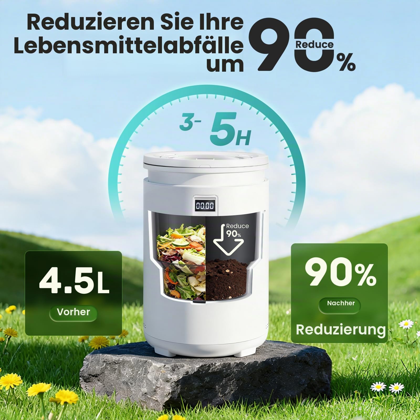 Huanyu Elektrischer Küchenkompostbehälter 4,5 l Elektrischer Komposter für die Küche Geruchsneutraler Lebensmittelrecycler für den Innenbereich mit automatischer Reinigungsfunktion