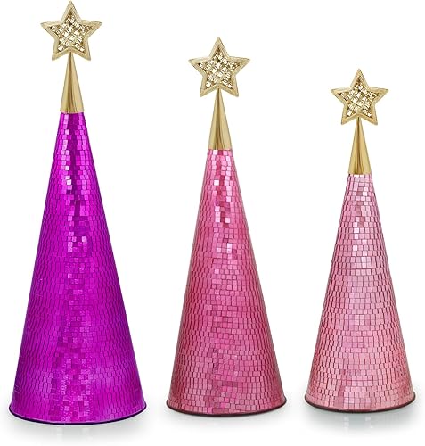 Miniatura 6 de Juego de 3 árboles de Navidad de cristal rosa y morado, 17, 15, 13 pulgadas, pequeño árbol de Navidad hecho a mano, decoración de discoteca para