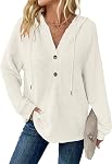 WNEEDU Womens Long Sleeve Tops Waffle Knit Hoodies Drawstring Button V Neck Casual Sweatshirt 2026 New Pullover