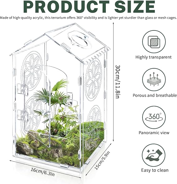 Acrylic Jumping Spider Enclosure, 11.8x6x6 Inch Roof Shaped Tarantula Enclosure, Jumping Spider Accessories with Air Holes and Feed Hole (Acrylic)