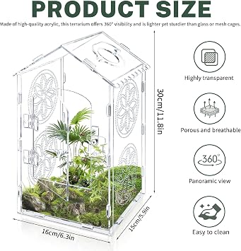 Acrylic Jumping Spider Enclosure, 11.8x6x6 Inch Roof Shaped Tarantula Enclosure, Jumping Spider Accessories with Air Holes and Feed Hole (Acrylic)
