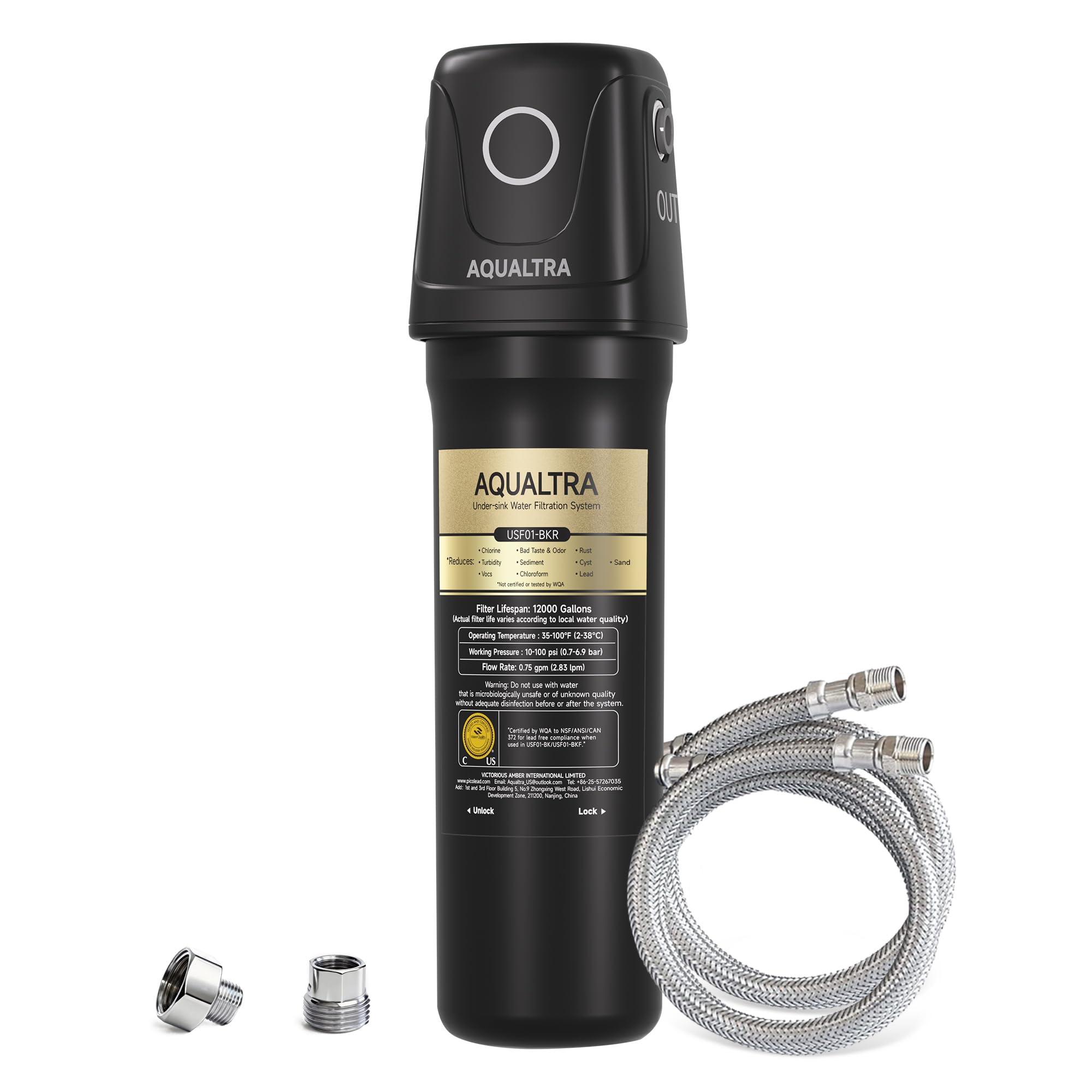 AQUALTRA USF01-BK Under Sink Water Filter System, NSF/ANSI/CAN 372 Certified, Reduces PFOA, PFOS, Chlorine, Lead, Mercury, Chloramine, Fluoride, Microplastics Particles, Bad Taste & Odor