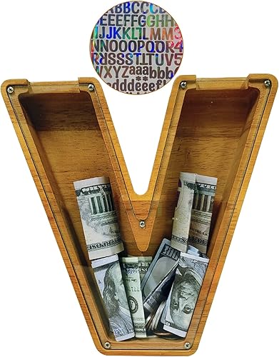 Miniatura 270 de Alcancía para niños y niñas, alcancía grande de madera personalizada con diseño recortado, bancos de monedas con letras del alfabeto, caja de ahorro