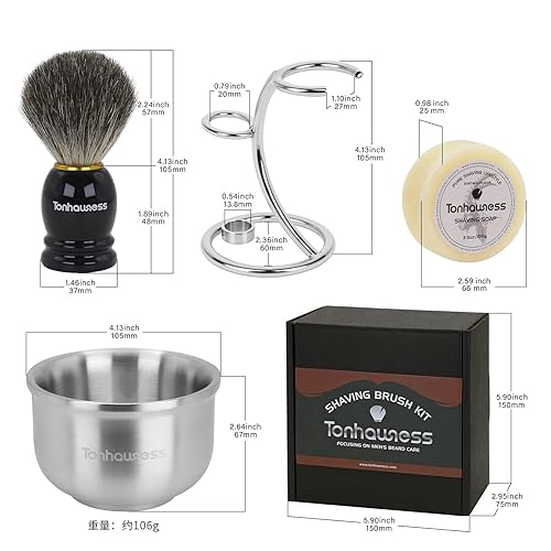 Miniatura 5 de Kit de brochas de afeitar para hombres, juego de brochas de afeitar 4 en 1, incluye brocha de afeitar de pelo de tejón, cuenco de afeitar de acero