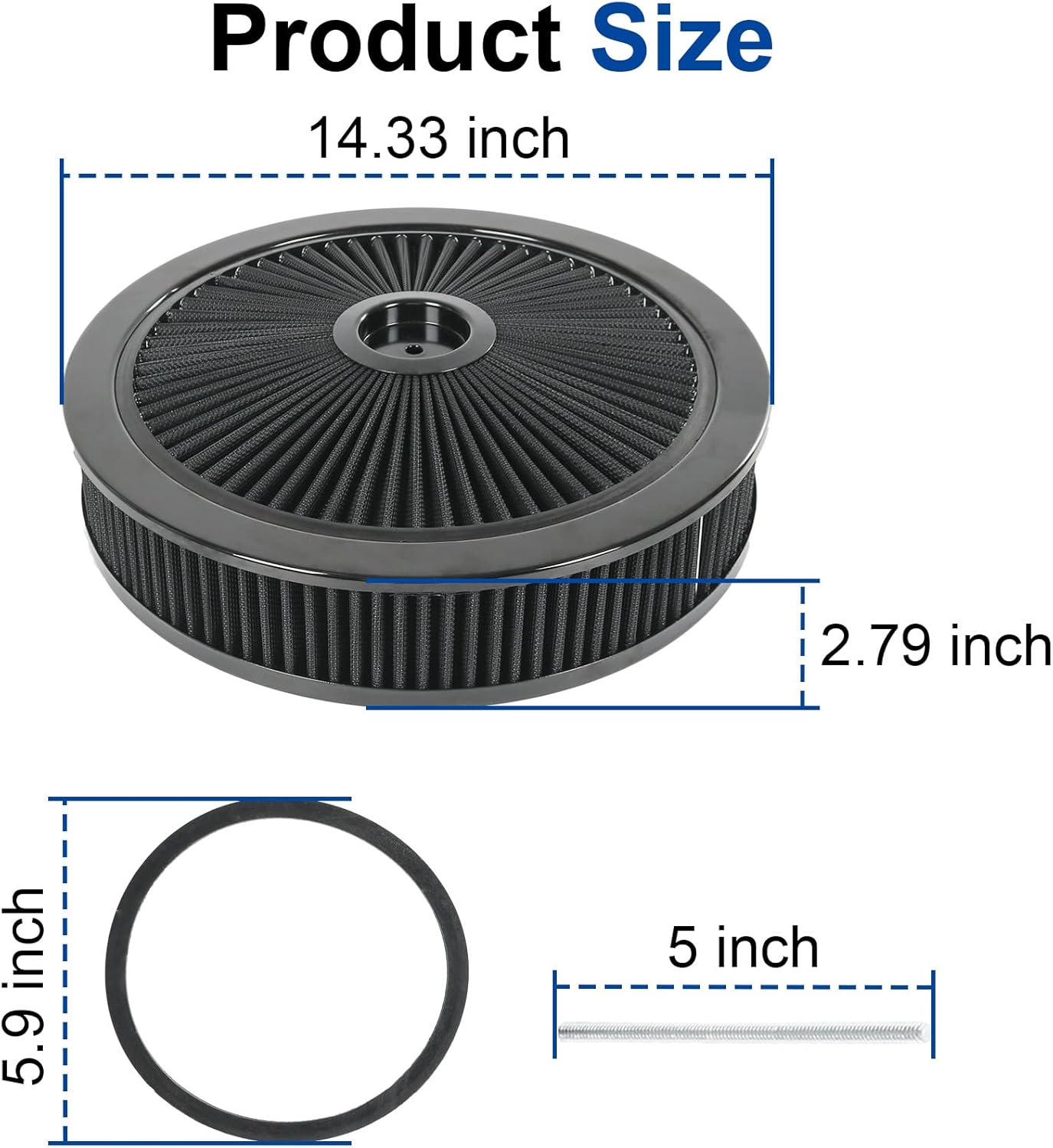 High Flow 14"x3" Round Air Cleaner filter Kit Compatible with GMC Chevy Ford Chrysler Dodge V8 with Flow-Thru Lid Caburetor 5-1/8" Carb Neck Black