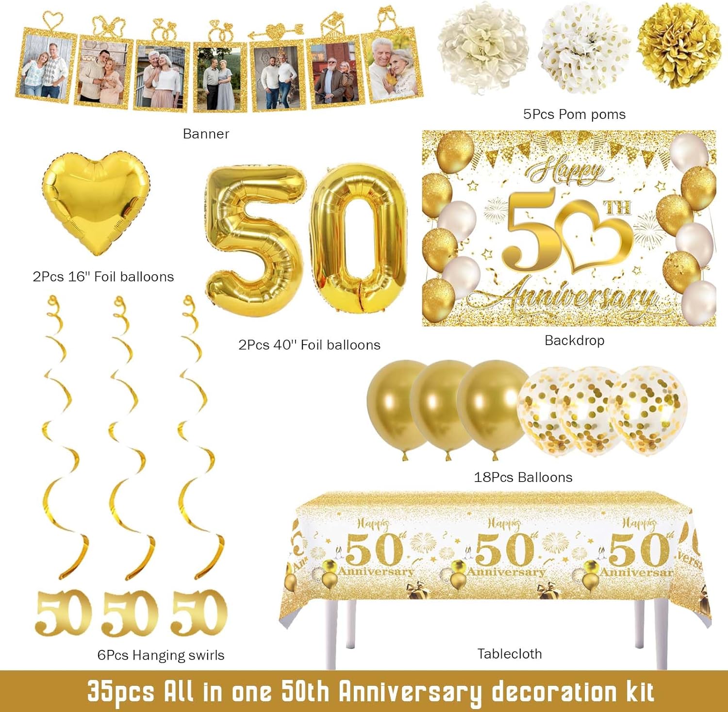 Hombae 50th Anniversary Decorations, Happy 50th Golden Wedding Anniversary Decorations, 50 Year Anniversary Party Decorations Backdrop Tablecloth Balloon Banner Hanging Swirls Pom Poms White Gold