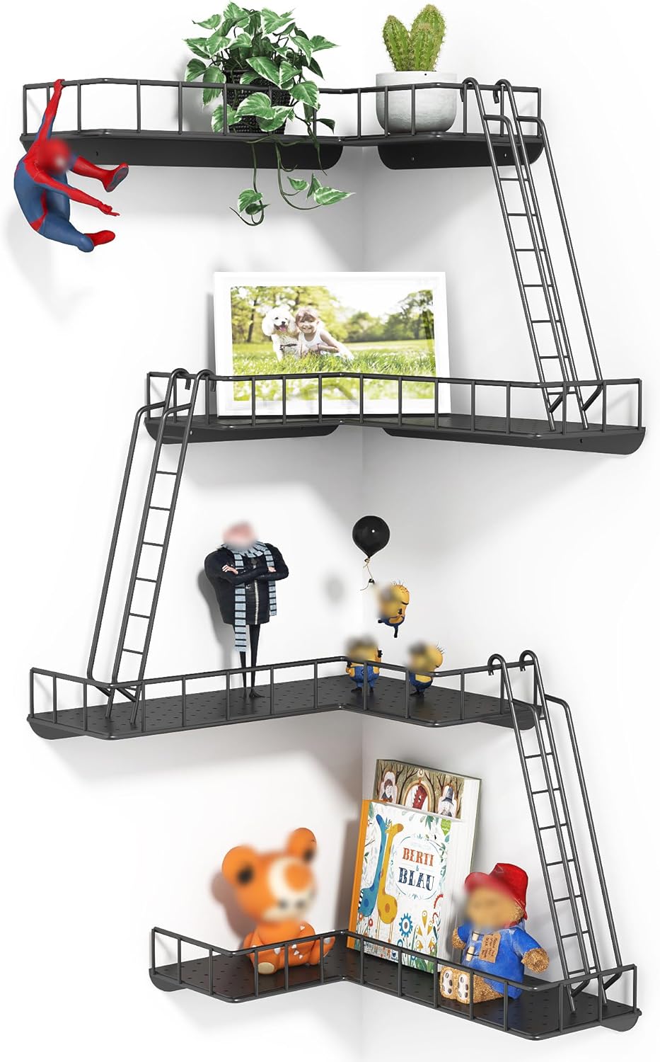 4-Tier Fire Escape Wall Shelf - New York Style Fire Escape Shelf for Figures, Corner Floating Shelves for Wall, Trinket Display Shelves for Home Décor - Black