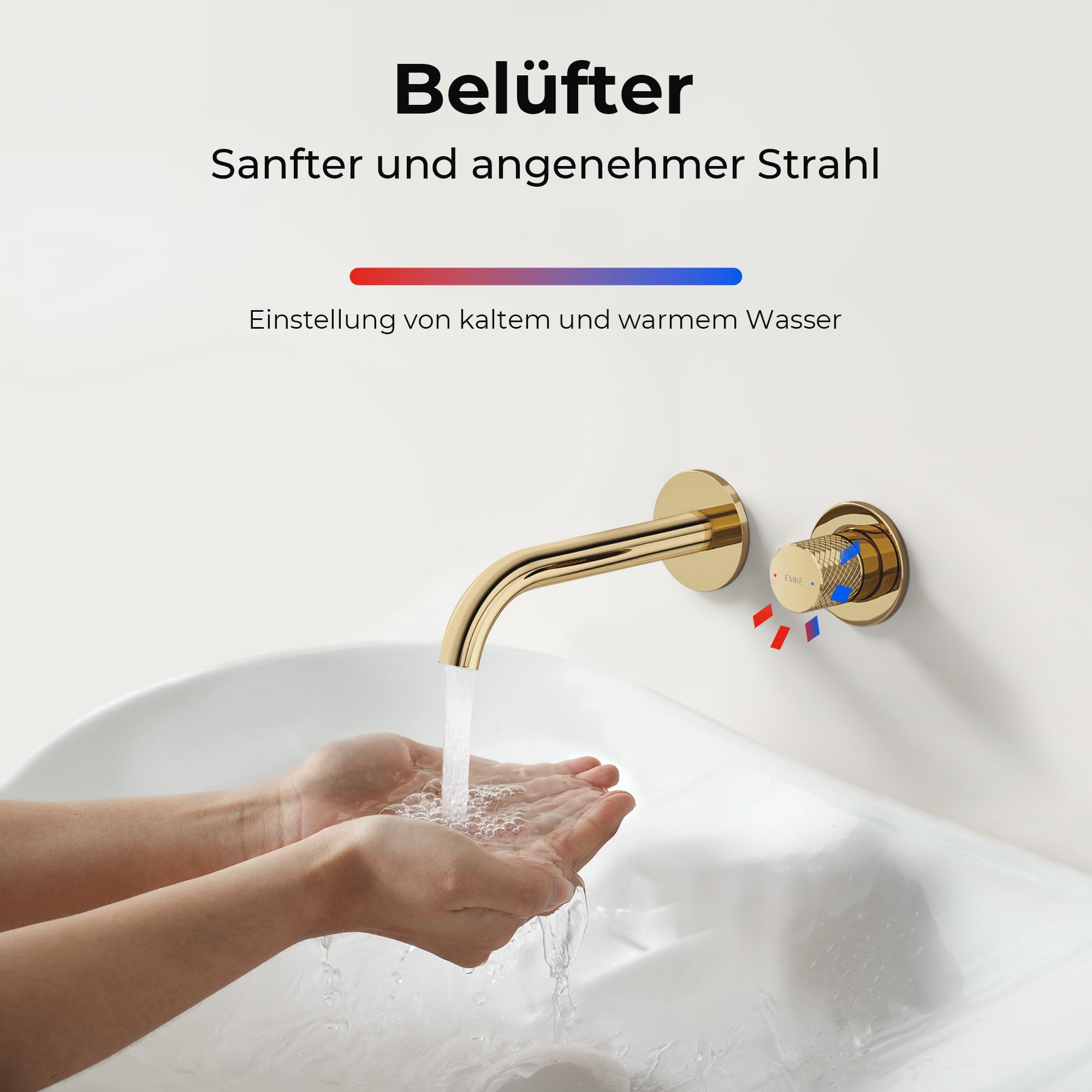 EMKE Waschtischarmatur Unterputz für Wandmontage, Wasserhahn Bad Unterputz, Mischbatterie Waschbecken wassersparend, Einhebelbatterie Armatur mit Auslauflänge 17 cm 4MS-Messing, Champagnergold