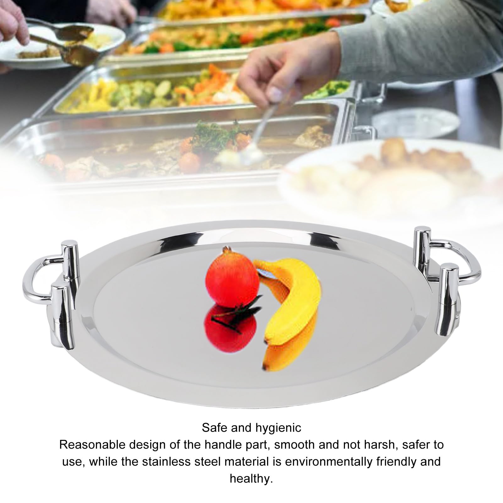 Hztyyier Bandeja de Acero Inoxidable, Bandeja de Metal Multifunción con Asa, para Eventos de Buffet y Catering (Forma Redonda con Mango Plateado, 43 cm.)