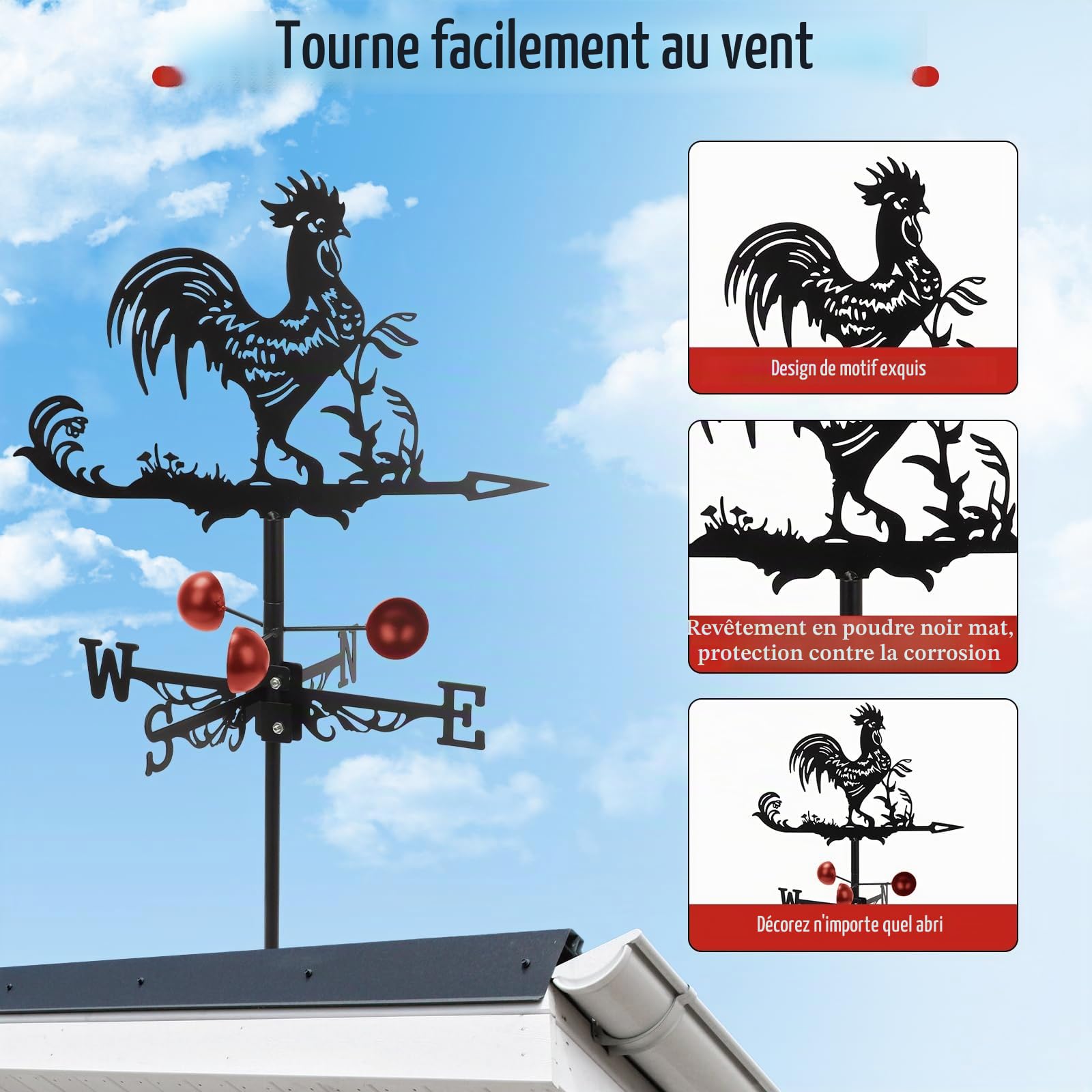 Girouette Rétro en Métal, 13x22 Pouce Girouette de Jardin Exterieur, Design de Coq Indicateur de Direction du Vent, pour Jardin et Ferme Deco Toit Exterieur (Coq)