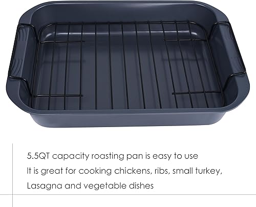 Miniatura 3 de Sartenes para asar con estante, asador de pavo de 15 x 10.5 x 2.5 pulgadas para pavo pequeño, pollo, carnes y verduras, lasaña (gris)
