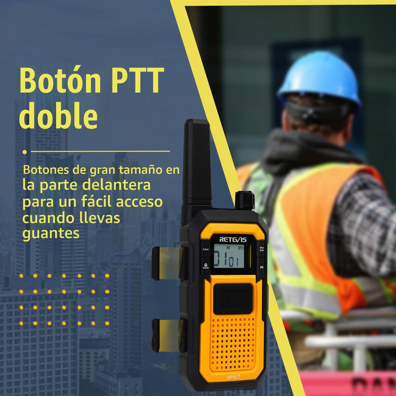 Retevis RB648 Walkie Talkie Impermeable, Walkie Talkies Flotante | MIL-STD-810H 19 Test Duraderos, IP67 Dual PTT, Radio Bidireccional 2000 mAh con Auricular para Obra (2 Piezas, Amarillo)