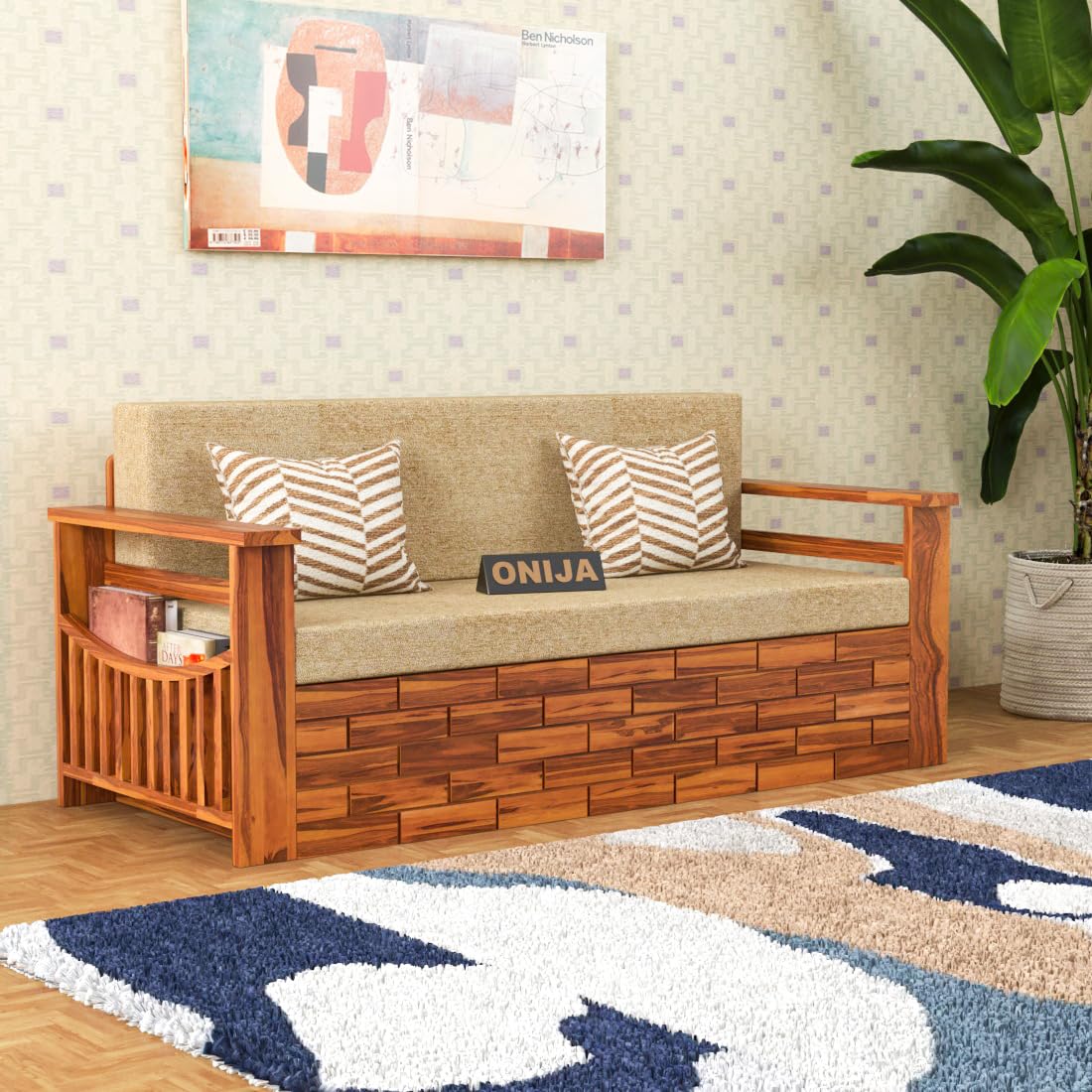 ONIJA Solid Sheesham Wood Sofa Cum Bed Furniture Set with Storage and Cushions for Living Room|Bedroom|Drawing Hall (3-Person Sofa, NaturalFinish, Queen)