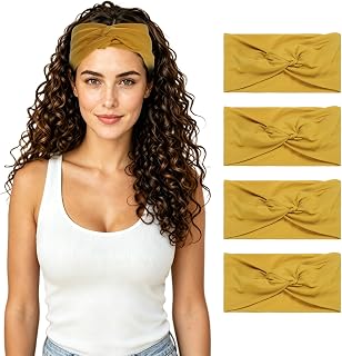 METALLIXITY Cross Knotted Wide Headbands for Women Yellow 4 Pcs | Elastic Thick Hair Wraps, Boho Bandana Headband Hair Accessories for Gym Running Yoga Sports Workout Summer Travel