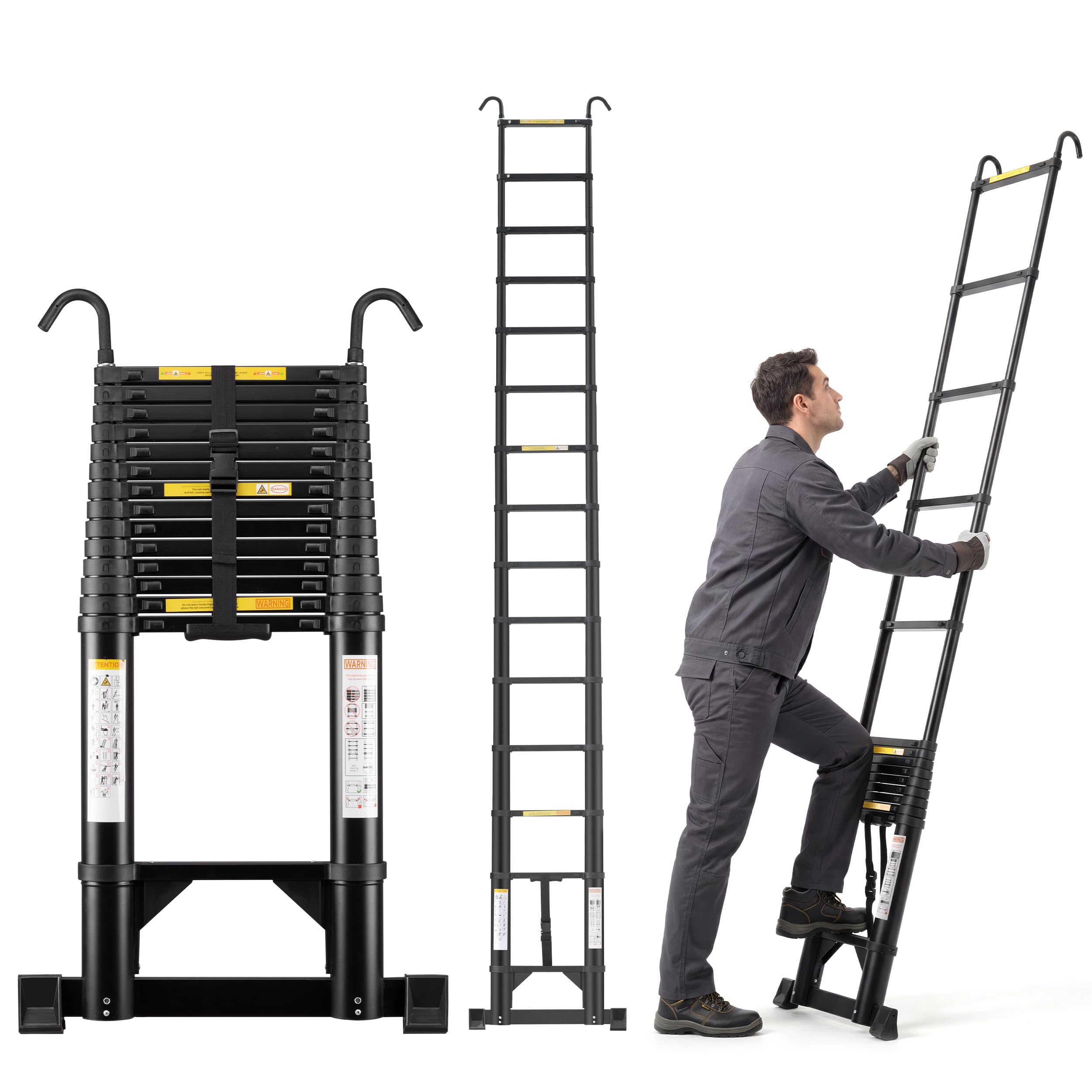TEENO Folding Telescopic Ladder 4.4 m Aluminium with Sway Bar and Removable Hook Maximum Load 150 kg