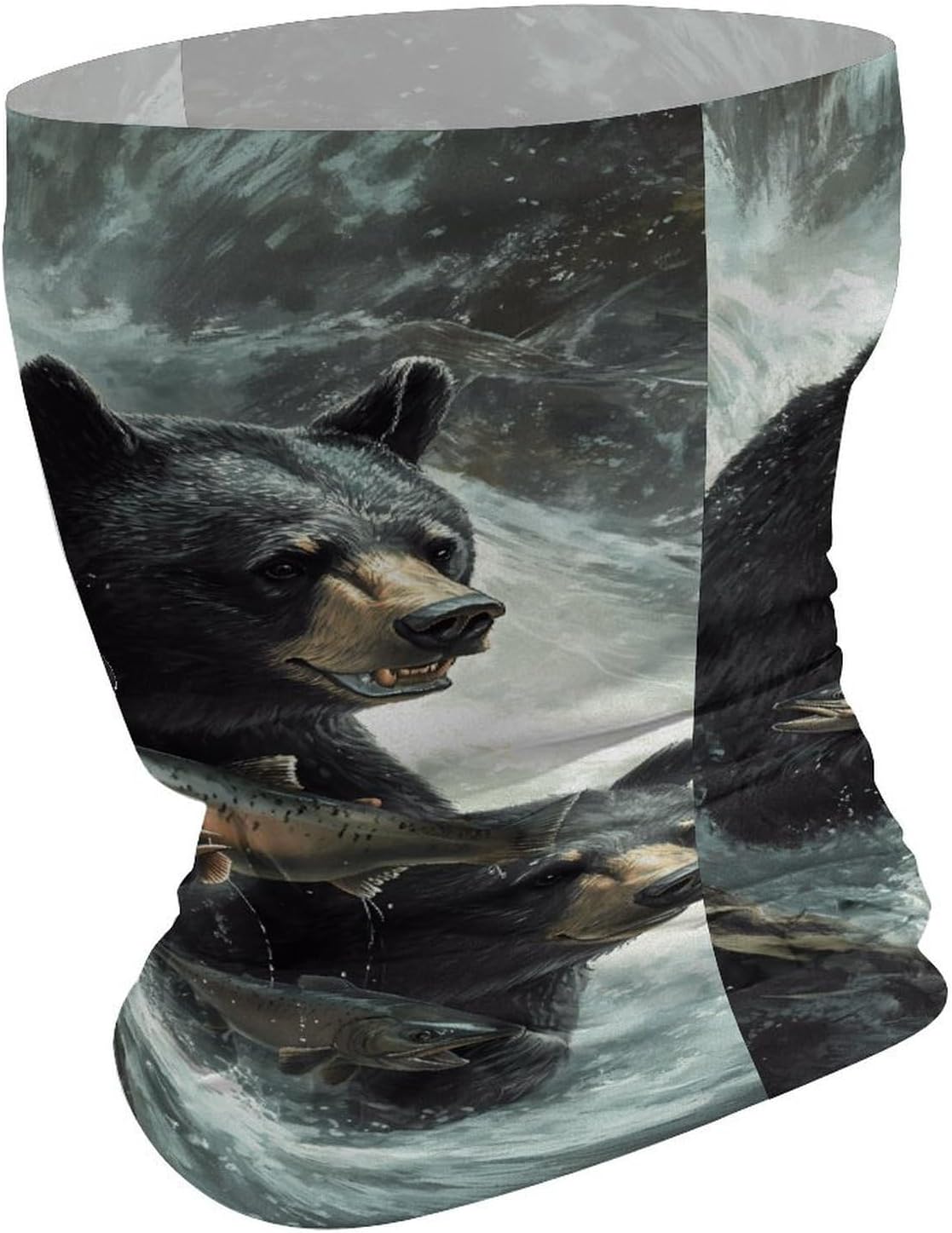 Black Bear Catching Salmons Fish Neck Gaiter Windproof Face Mask Bandanas for Men Women Cold Weather Scarf