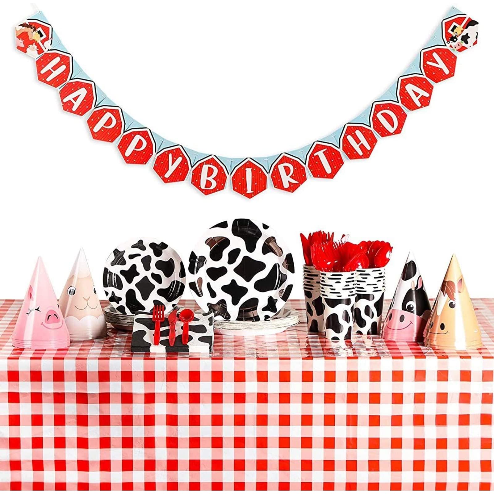 BLUE PANDA 195-Piece Farm Animals Birthday Party Pack, Hats, Banner, Tablecloths (Serves 24) - Farm Birthday Decorations