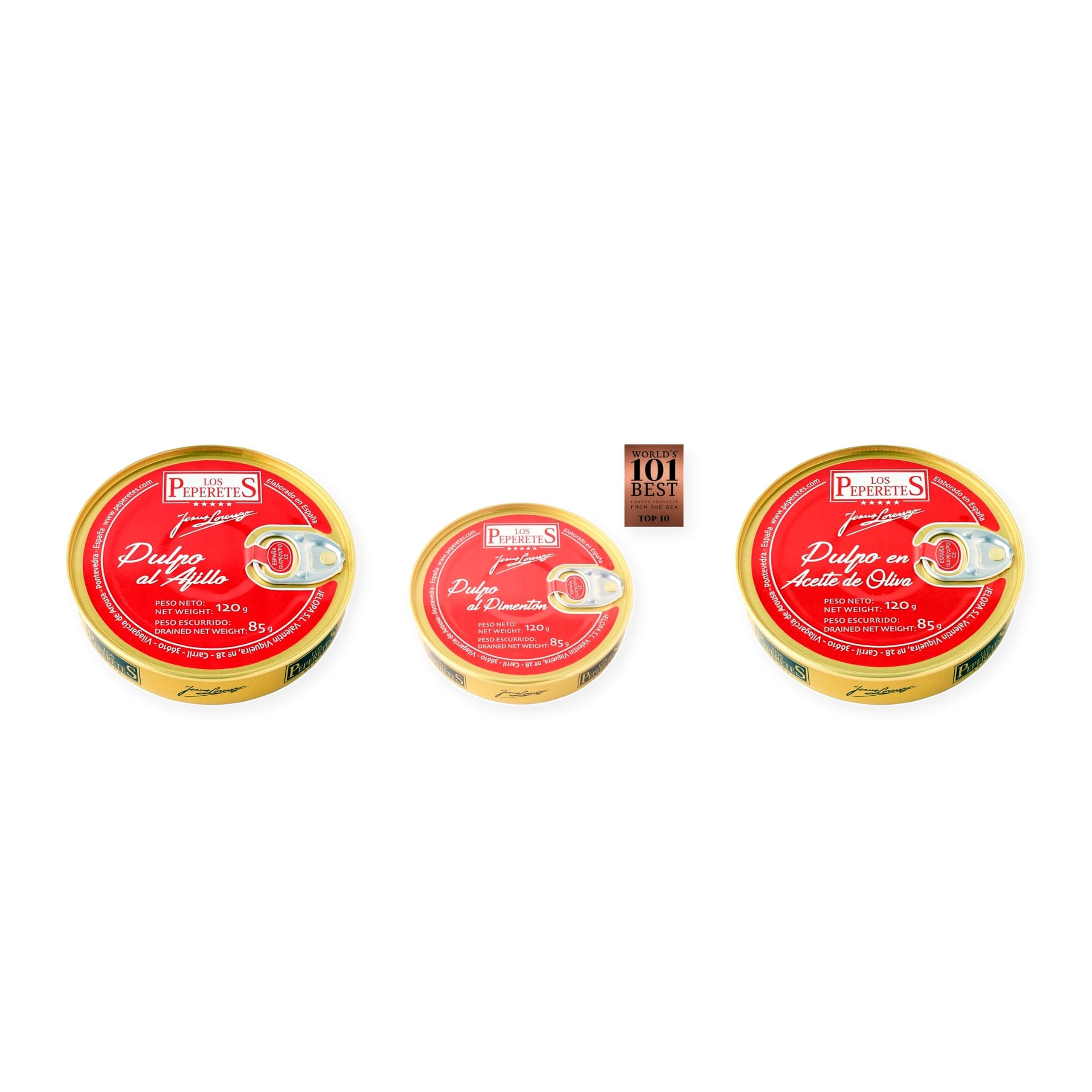 los peperetes conservas Pulpo Ajillo, Pulpo Pimentón y Pulpo Aceite Oliva pack 3 latas