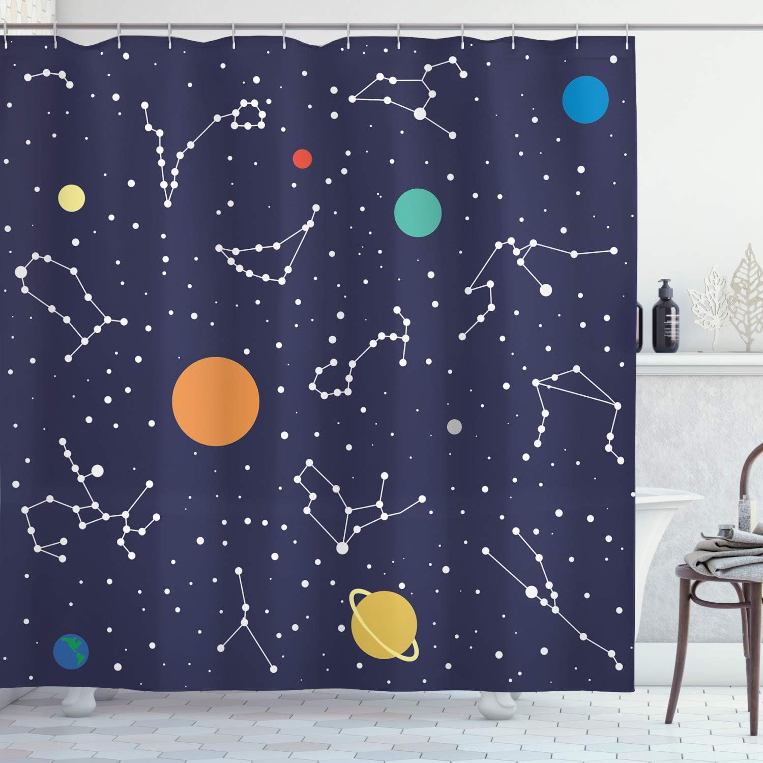 Ambesonne Constellation Shower Curtain, Zodiac and Planets Colorful Pattern Galaxy Universe Science Illustration, Cloth Fabric Bathroom Decor Set with Hooks, 69" W x 75" L, Multicolor