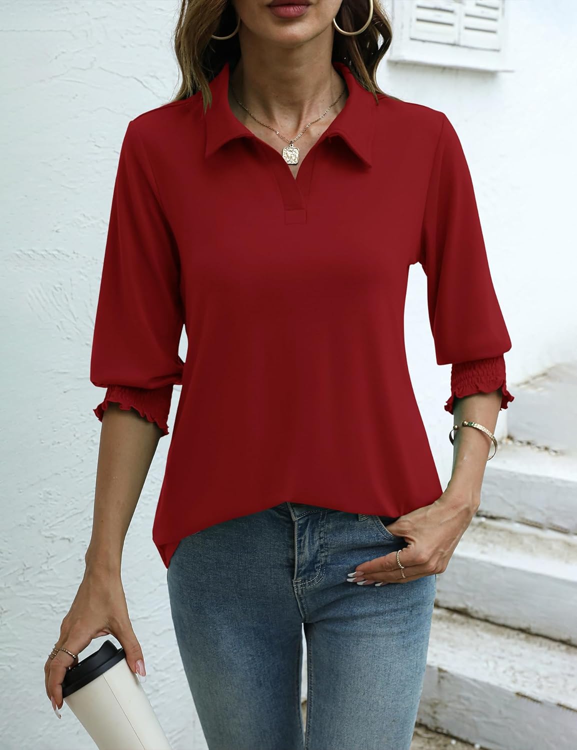 Ivicoer Womens 3/4 Length Sleeves Polo Shirts Collared Tops Business Casual Blouses Basic Tees Trendy Outfits Spring Clothes - Image 5