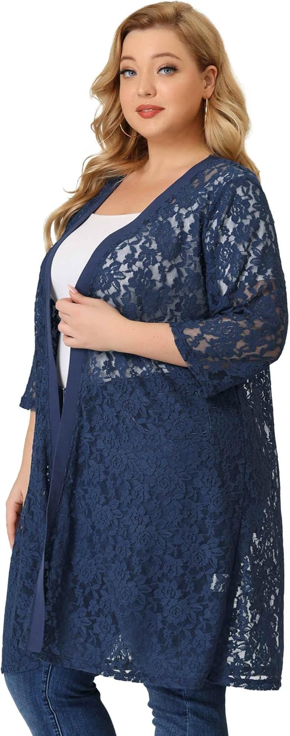 Agnes Orinda Plus Size Cardigans for Women Lace Cardigan Lightweight Crochet 3/4 Sleeve Cover Up Jacket - Image 4