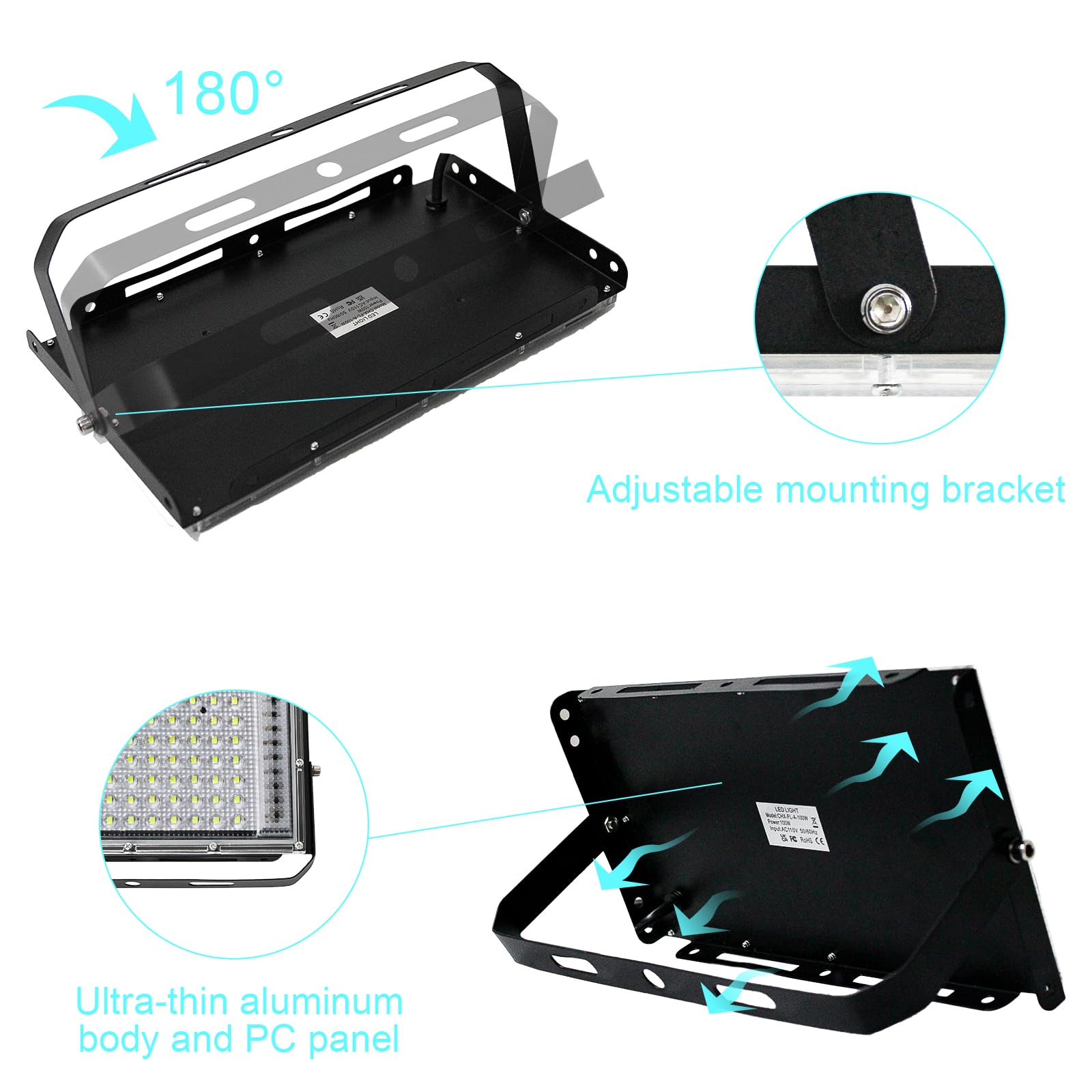 BOSITE Led-schijnwerper voor buiten, 100 W, 4 stuks, 6500 K koudwit, 10.000 lumen, IP65 waterdicht, voor binnenplaats, deuren, gazon, garage, stadion, speelplaats