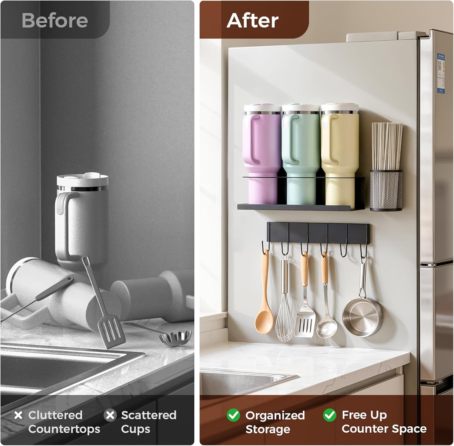 MoKo Magnetic Stanley Cup Holder for Fridge, 2 Pack Tumbler Organizer for Stanley 30/40oz, 3-in-1 Water Bottle Organizer with Lid & Straw Organizer, Kitchen Pantry Storage for Stanley Cup Accessories - Image 6