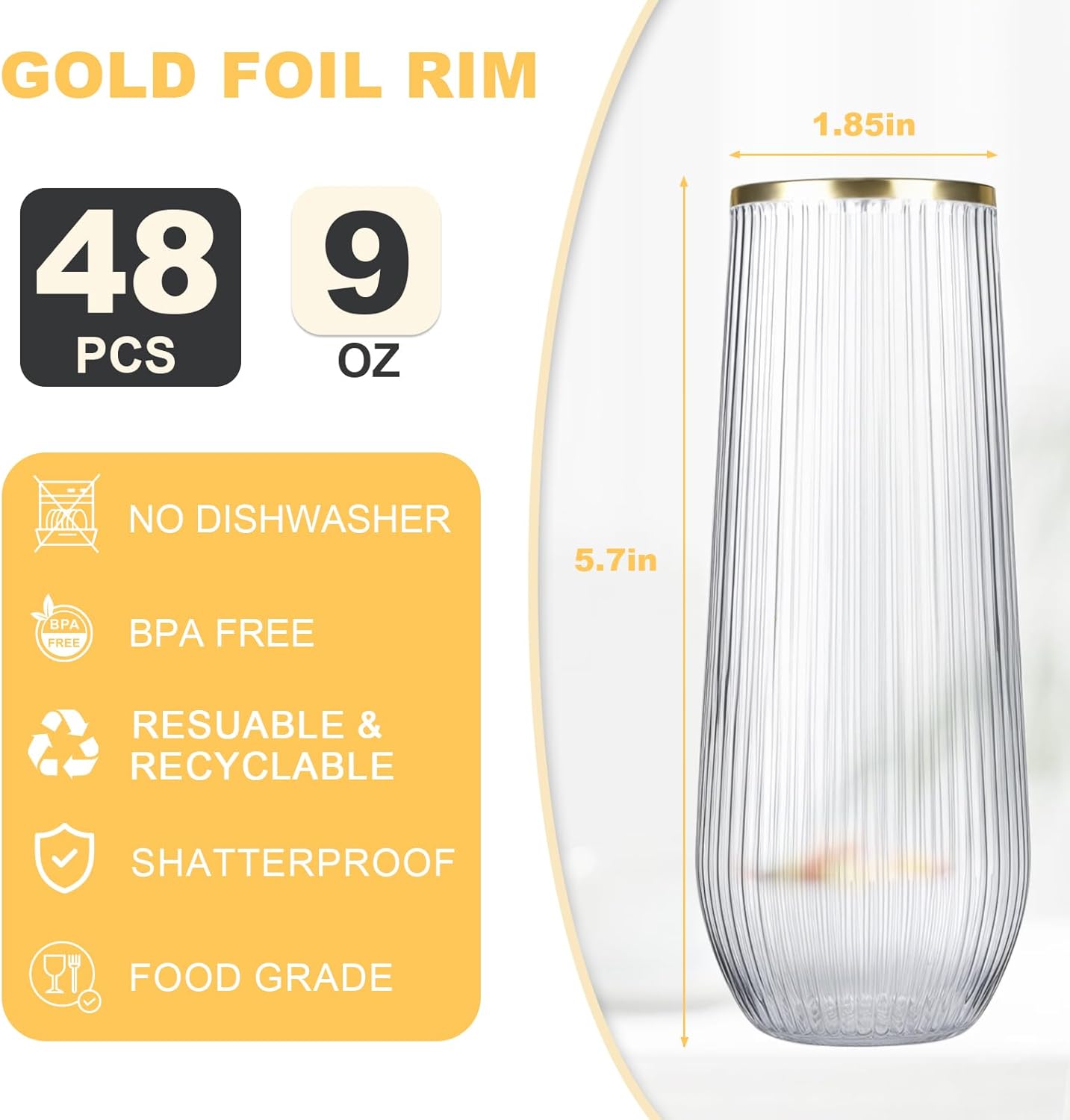 48 Pack Plastic Champagne Flutes Stemless 9 Oz, Ribbed Ripple Gold Rim Unbreakable Champagne Glasses, Elegant Durable Shatterproof Recyclable Glasses Ideal for Wedding Parties