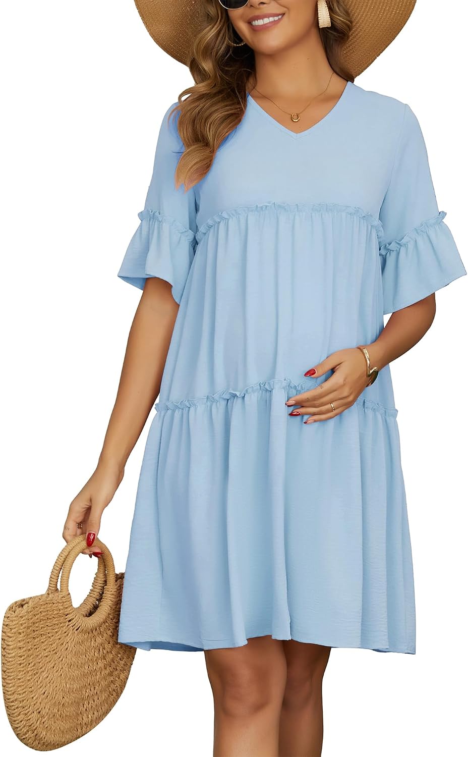 Womens Maternity Babydoll Dress Summer Ruffled Short Sleeve Tiered Loose Fit Pregnancy Dresses Baby Shower