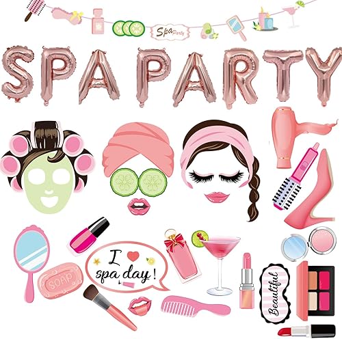 34 piezas de suministros de fiesta de spa, 25 piezas de accesorios de cabina de fotos de fiesta de spa con palos de 16 pulgadas, globos de aluminio disponible en Yaxa Venezuela