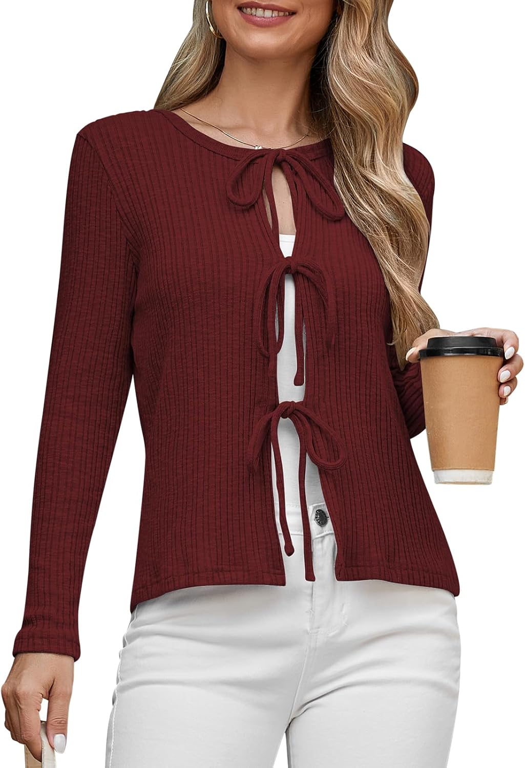 Tie Front Cardigan for Women 2025 Lightweight Cropped Ribbed Knit Shrug Fall Open Front Bow Cardigan Tops