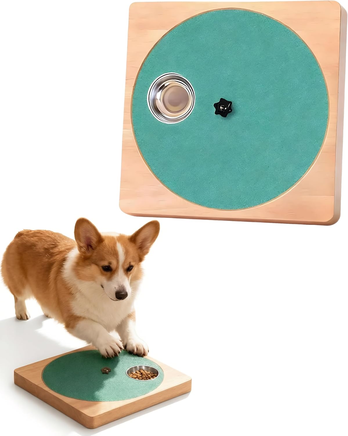 Dog Nail Scratch Board, Dog Scratch Pad for Nails, Paws Care, Adjustable Resistance, Wood Base, 6 Stainless Steel Bowls, 360° Rotating Sandpaper Disc
