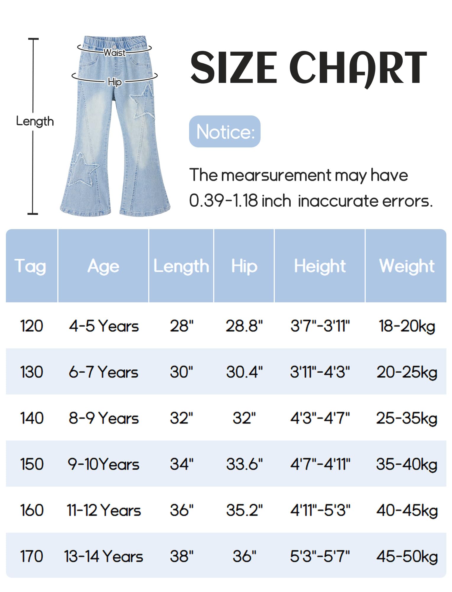 Maeau Jeans évasés pour filles - Motif étoiles - Patchwork - Taille élastique - Avec poches