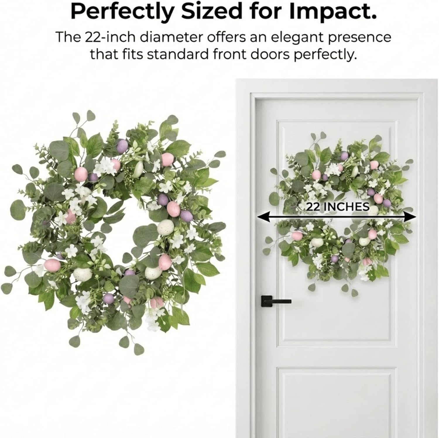 22 Inch Easter Wreath for Front Door, Spring Eucalyptus Wreath with Pastel Speckled Eggs & White Jasmine Flowers, Farmhouse Summer Outdoor Holiday Décor