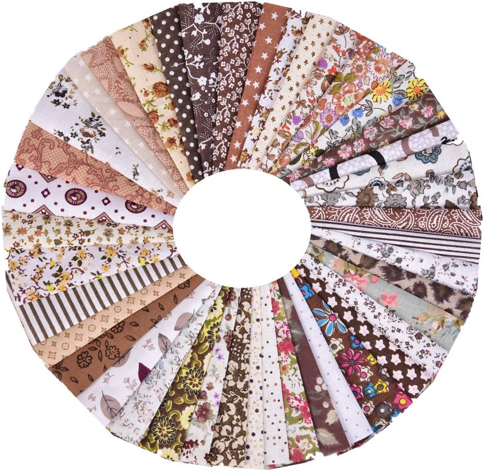 100 Pieces Cotton Fabric Colorful Fabric Bundles Sewing Square Fabric Scraps Embellishment Printing Quilting Fabric Squares 50 Patterns Cotton Patchwork for DIY Craft Party Supplies (Brown)