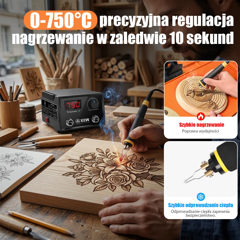 XIIW Zestaw do Pirografii z Podwójnym Pisakiem 100W, 23 Końcówki, Regulacja Temperatury 0-750°C, Profesjonalne Narzędzie do Grawerowania w Drewnie, Skórze i Korku – DIY i Rękodzieło | Regulacja temperatury 0-750°C, palnik drewniany, zestaw kolb palnikowyc