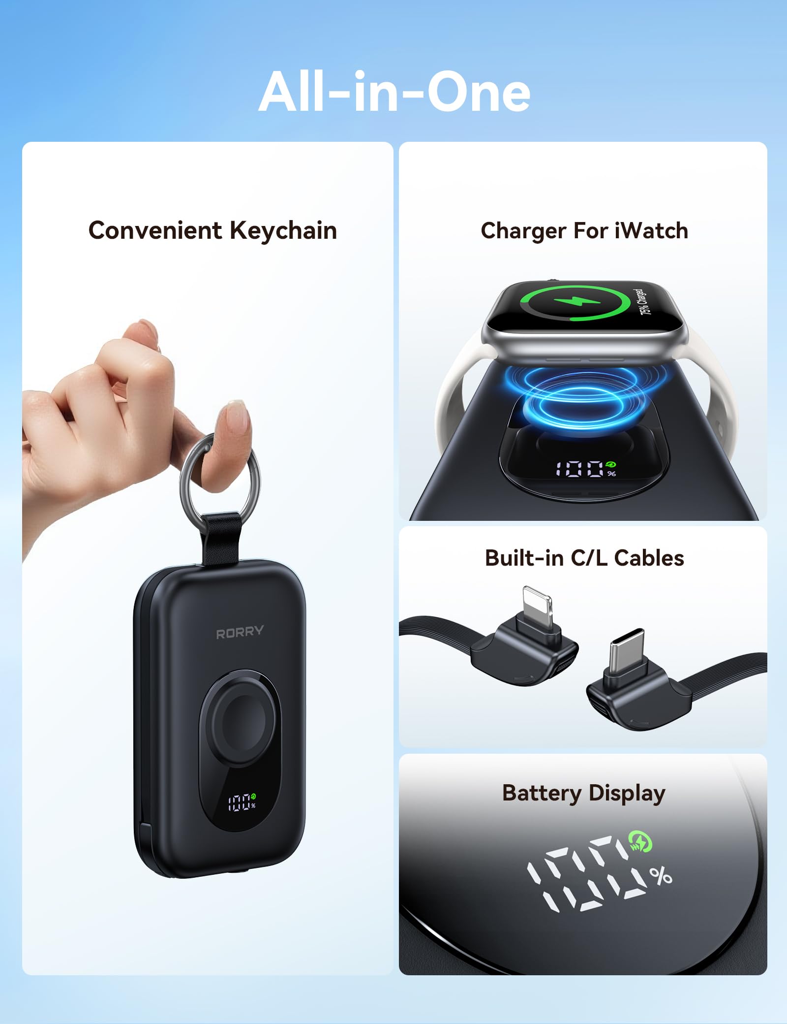 RORRY Portable Charger, 20000mAh PD 30W Portable Charger Power Bank with 2 Built-in Cables, Super Fast Charging Battery Pack with Keychain, Travel Essentials for iPhone, Apple Watch, iPad,: Black