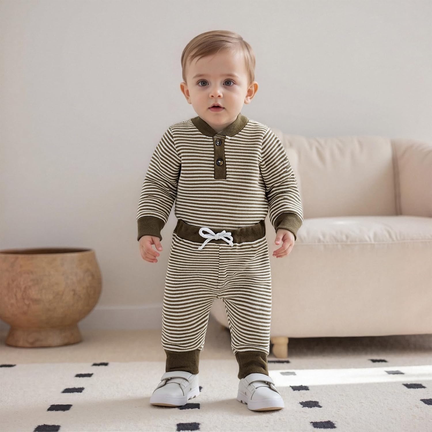 allshope Newborn Baby Boy Fall Outfit Romper Long Sleeve Solid Jumpsuit Bodysuit Elastic Waist Pants Infant Waffle Clothes - Image 4